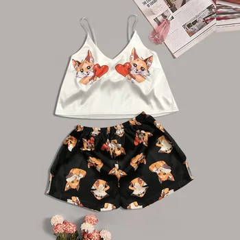 

Ladies Pajama Set Love Print Cute Cartoon Sleepwear Silk V Neck Sexy Pijama Satin Night Suits Wear Spaghetti Strap