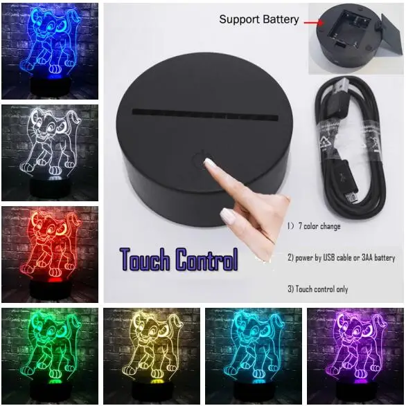 USB Touch 7 Color Simba настольная лампа Король Лев фигурка животного светодиодный Лава комната Король джунглей Декор Настроение Ночной светильник часть питания Дети Рождественский подарок игрушка - Испускаемый цвет: USB Touch 7 Color