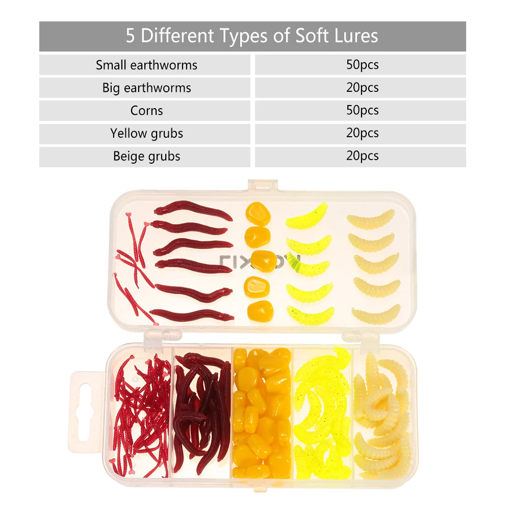 160pcs/lot Fishing Lures Earthworm Corn Maggot Grub Worms Soft Bait Set Kit with Tackle Box | Спорт и развлечения