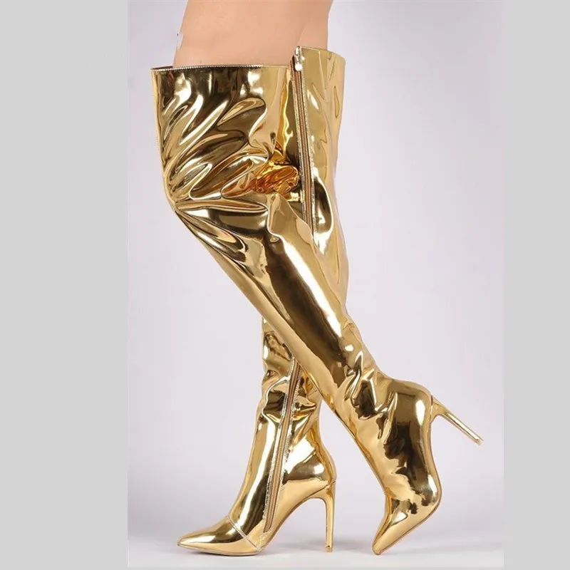 

Stylesowner Sexy Silver Mirror Thigh high boots Women point Club Party Shoes Thin High heels Over the knee Long boots women