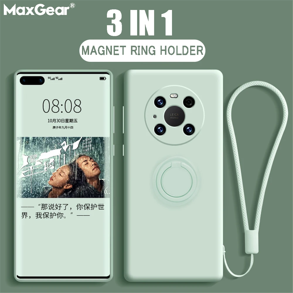 Liquid Silicone Ring Stand Case For Huawei Mate 40 30 20 Pro Plus Nova 8 SE P20 P30 P40 Lite 5G Magnetic Holder Cover With Strap