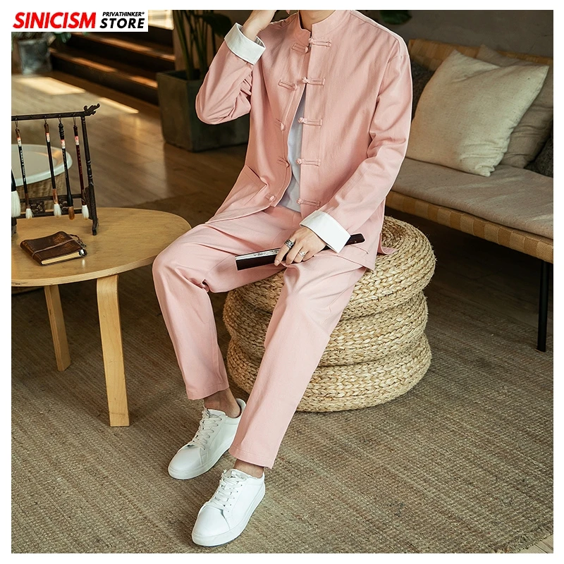

Sinicism Store Chinese Style Autumn Casual Men's Sets 2019 Buckle Plus Size Two-piece Set Jacket Coat Male Solid Fashion Suit