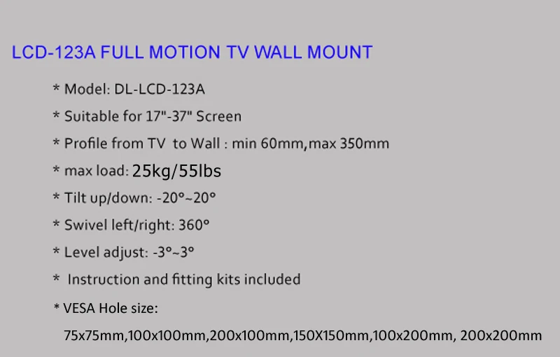 LCD-123A с полным движением 1"-37" выдвижная панель для телевизора с настенным креплением Макс. VESA 200*200 мм загрузка 20 кг держатель для монитора