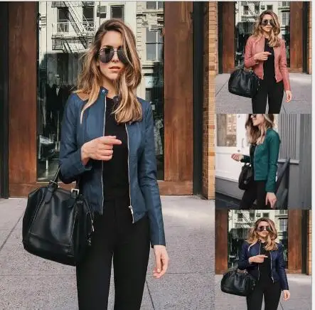 

Autumn and winter new style ladies clothes fashion leather PU suit zipper small jacket multiple colors available S-3XL