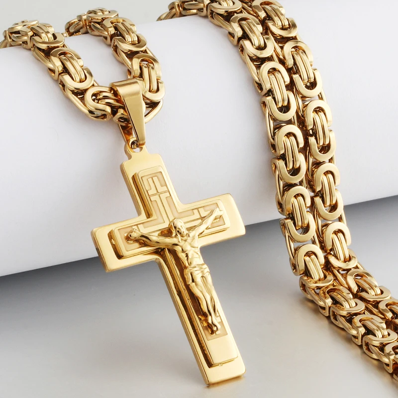 Gold Color Тяжелый подвесной крест с распятием ожерелье для мужчин золото нержавеющая сталь мужские панк ожерелья Византийская цепь Мужские Подарочные ожерелья украшения - Окраска металла: Gold Color
