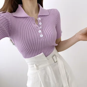 

Summer Knitted Sweater Tops New 2020 Summer Short Sleeve Turn Down Collar Pullover Femme Pull Button Body Sweaters