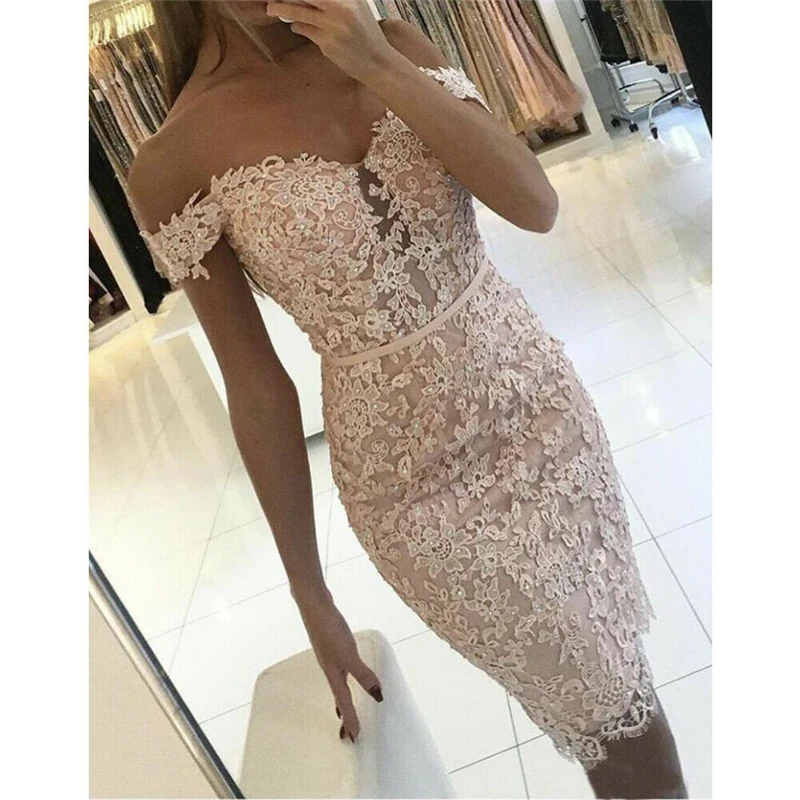 

2019 Women Summer Sexy Bodycon Off Shoulder Mini Dress Evening Party Beach Dress Sundress Pink Lace Romantic Wedding Mini Dress