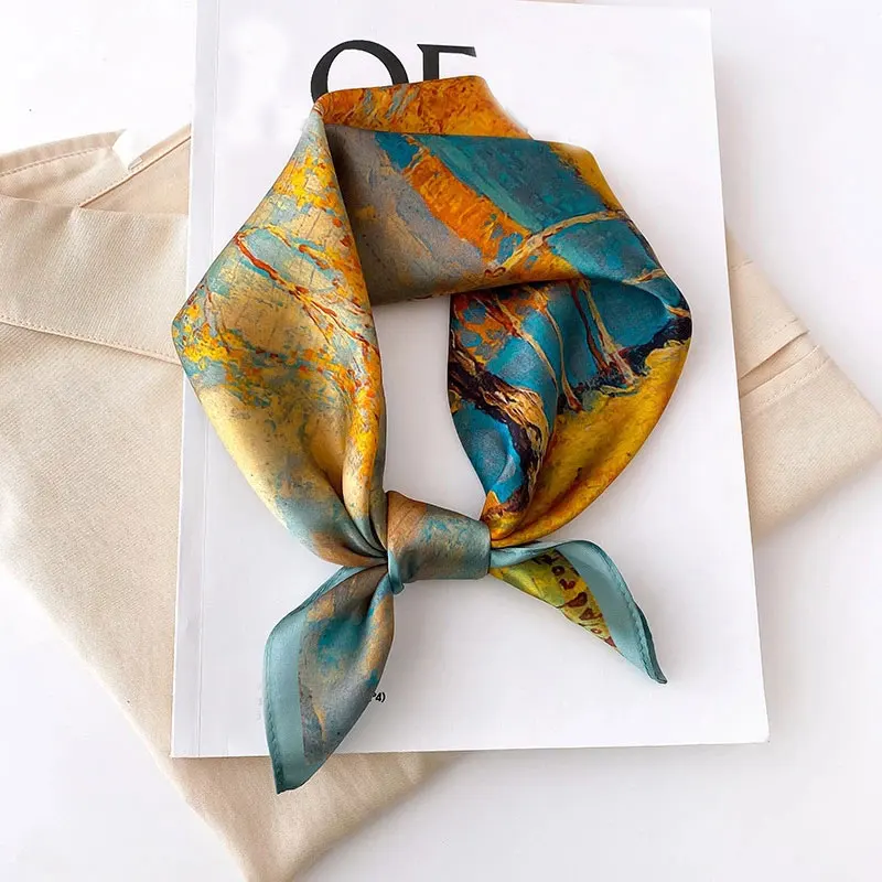 New 100% Real Silk Satin Women Scarf 2024 Flower Printed Foulard Femme Square Head Scarfs Bandana Shawl Gift For Lady Hijab 2