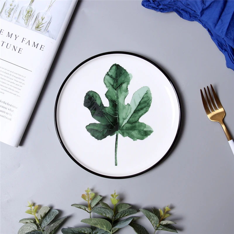 Креативные керамические тарелки в скандинавском стиле с зеленым растительным узором, декоративное блюдо для дома, кухни, круглая посуда для еды, салата, стейка, завтрака - Цвет: 6