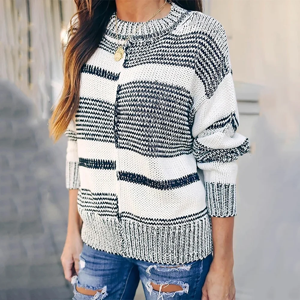 

Stripe Colorblock Pullover Round-Neck Sweater Women's Casual Loose Soft Autumn Blouse Warm Female Pullovers Fashion Daily Tops