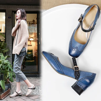 

women Pumps Genuine Leather shoes 22-24.5 cm Vintage Carved Brock Mary Jane Strap, Chunky Heel Spring and autumn wild shoes