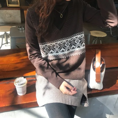 Коричневый Women Sleeveless Pullover Fall Korean Style Vintage Geometric V Neck Knitted Sweater Vest Black Beige Knitwear T422 - Цвет: Коричневый