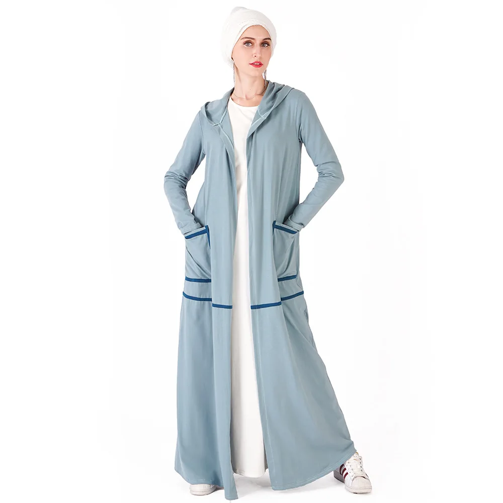 Открытые спереди Спортивные Хлопковые женские платья с карманами дизайн моды с длинными рукавами мусульманский юбка женские ботильоны юбки - Цвет: Синий