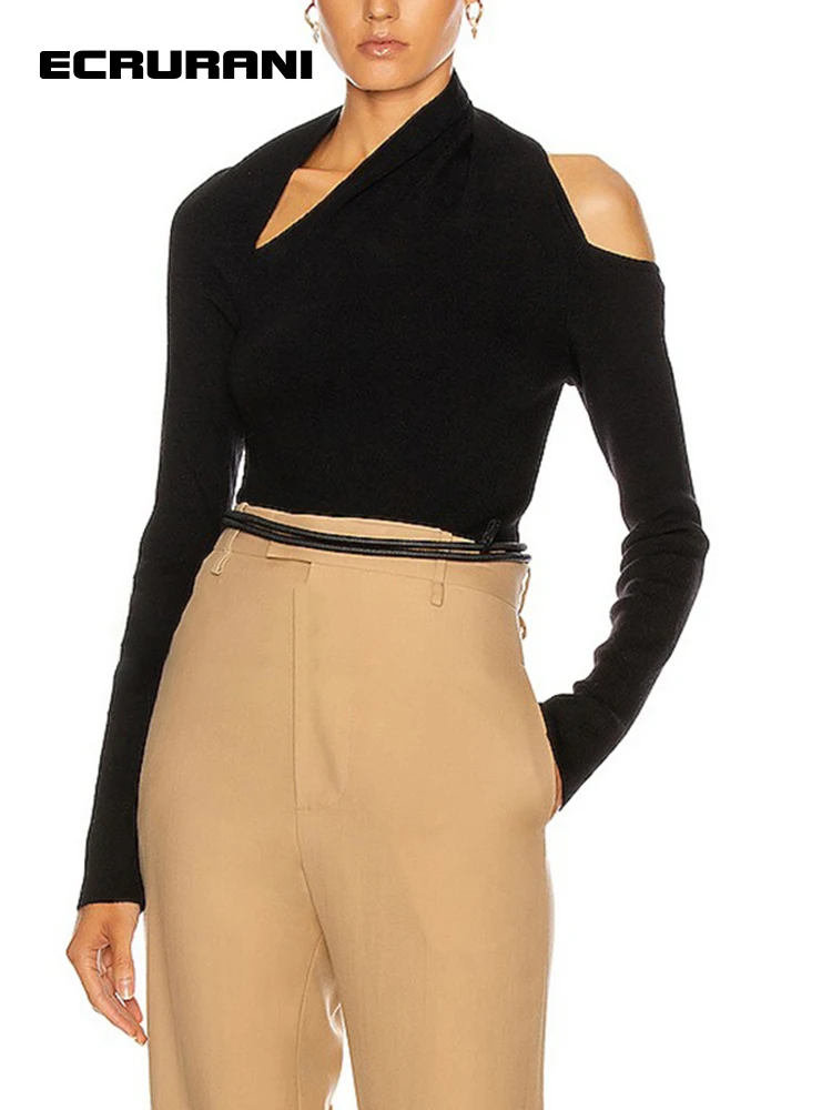 

ECRURANI Black Slim Pullovers For Women Cut Out Asymmetrical Collar Long Sleeve Knitted Casual Skinny Sweaters Female 2021 Style