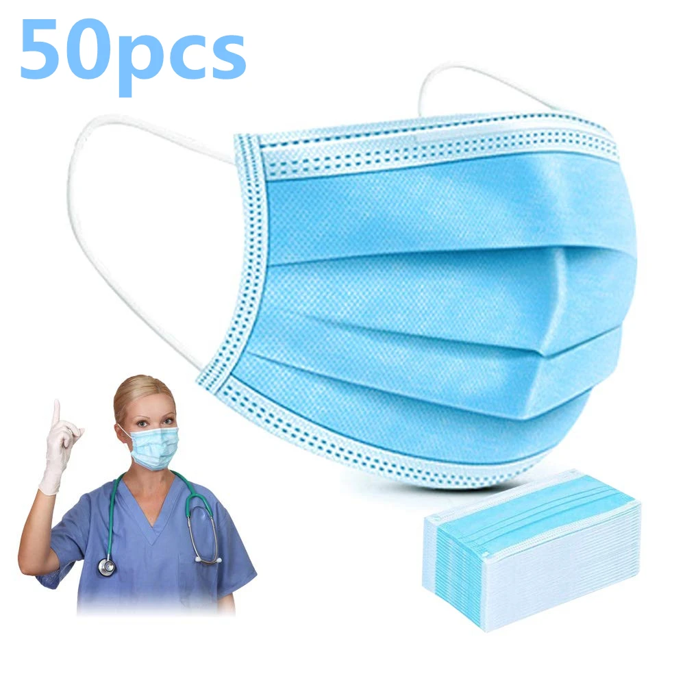 

50 Pcs Disposable Face Masks Mouth Cover Mask Earloop Saliva Isolation Cough 3 Ply Meltblown Cloth Personal Protective Masker