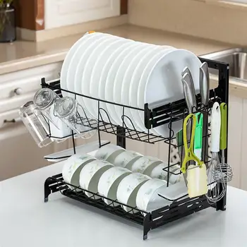 

Double Layers Tableware Drain Rack Kitchen Tool Holder with Chopping Board Shelf