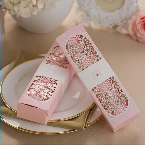 

50pcs Pink Scroll Laser Cut Box Packed Wedding Invitation Cards With Butterfly Knot Customizable Wedding Decoration Supplies