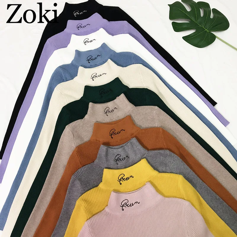 

Zoki Turtleneck Women Sweater Winter Warm Pullover Long Sleeve Knitted Jumper Autumn Letter Embroidery Female Korean Basic Top
