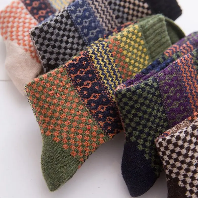 Mens Vintage Ethnic Woolen Warm Long Socks Checked Striped Geometric Ribbed Knit 5 pair