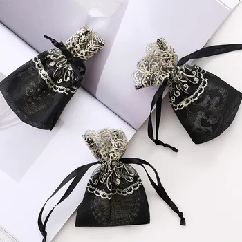 

12pcs Packaging Drawstring Pouch Small Gift Bags Black Gold Lace Trim Makeup Cosmetic Jewelry Organizer Container Handmade 10*14