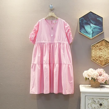 

[EWQ] 2020 Spring Summer New Arrivals Round Collar Short Sleeve Solid Patchwork Pullovers Casual Dress Women 3AJ14311