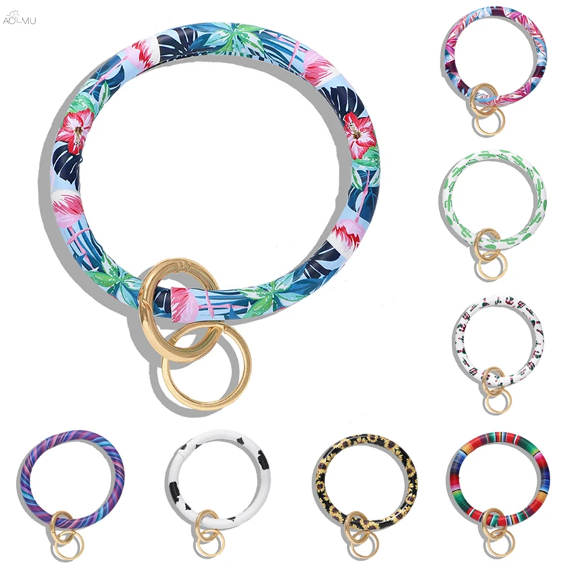 

AOMU 2019 Fashion PU Leather Leopard Printed Keychain Charm Jewelry For Women Cactus Flower Pattern New Key Chain