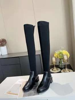 

Sexy Over-the-Knee Boots Women Genuine Leather Low Square heels Rivets Decor Sock Boots 2020 Winter New Luxury Brand Shoes Women