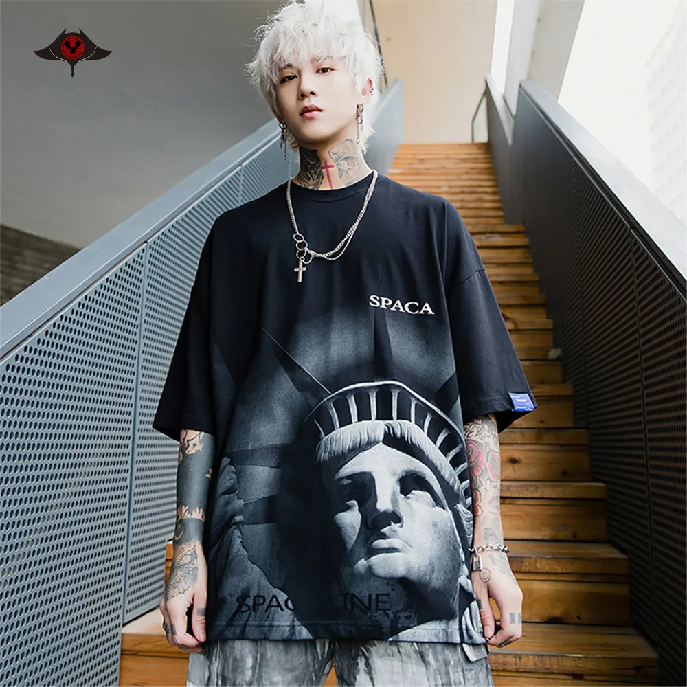 

KPOP Statue of Libert print Short Sleeve Tees Men Oversize Hip Hop cotton tops Harajuku black t shirt