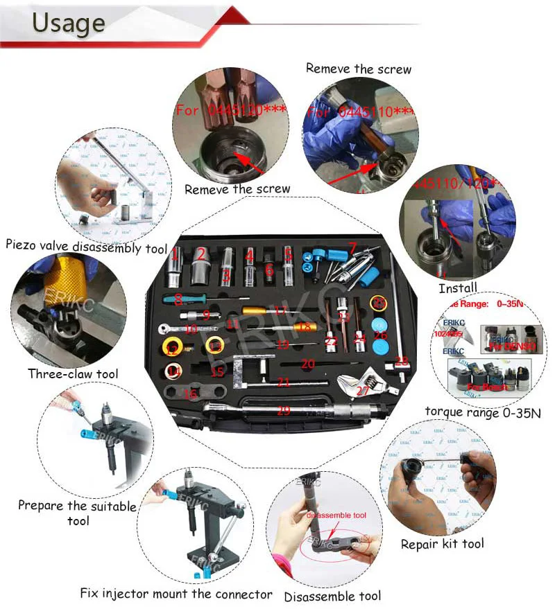 ERIKC Горячая инжектор ремонтный инструмент наборы дизельного топлива инжектор демонтаж оборудования всего 40 штук