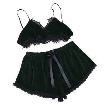 

Women's Lace Trim Velvet Bralette Condole Tops + Shorts Two-piece Pajama Set Sleepwear Lingerie Nightwear Set
