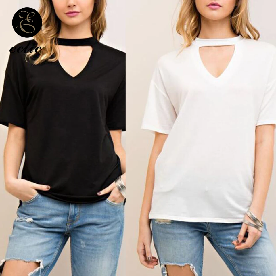 Women's Black and White Choker Neck Tops - Solid Color Short Sleeve Casual T-Shirts for Fashion Style image 6