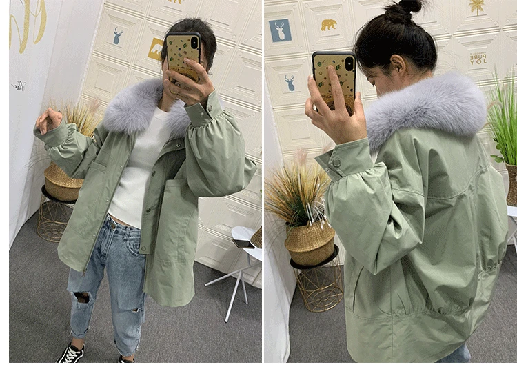 Top 2019 new Parka Winter Real Fur Coat Jacket Women Natural Fox Fur Collar Detachable Rex Rabbit Liner Loose Outerwear 9
