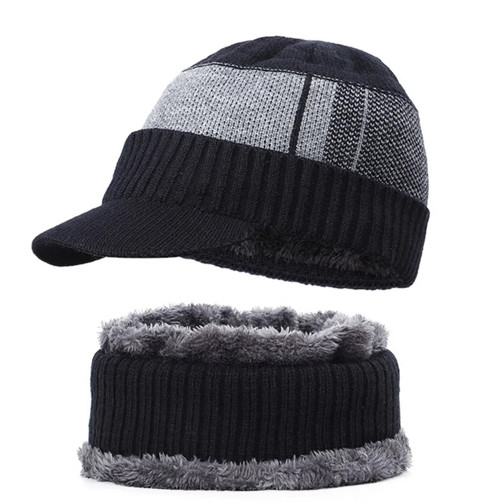 Men Winter Warm Hat Knit Visor Fleece Lined Cap Soft Breathable with Scarf Loops Set JT-889