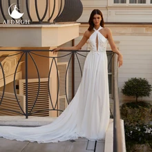 

Aedmgh A-Line Romantic Wedding Dresses 2022 Halter Neck Sleeveless Robe De Mariee Beaded Applique Boho Backless Vestido De Novia