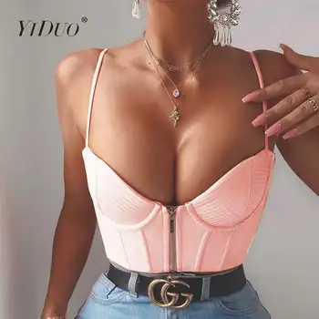 

YiDuo Spring Summer Crop Top Women Sexy Bustier Camis Top Padded Underwire Cropped PU Leather Tops Zipper Pink Party Streetwear