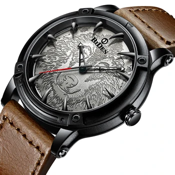 

Men Watch with Cool Wolf Laser Engrave Rock Steampunk Mens Wristwatch Black Brown Leather Quartz Wrist Watches Casual Male Clock