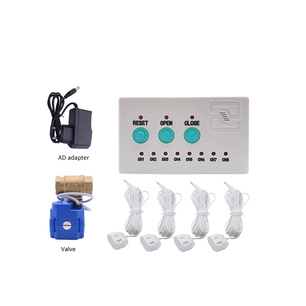 Water Flood Control Leakage Alarm System with DN20, DN25, DN15 Auto Shut Close Brass Valve and Water Detector Cable 2020 russian ukrain water leakage sensor with auto stop dn15 valve water leaking detector alarm system for home kitchen bathroom