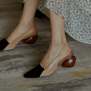 

kmeioo summer female slingback pumps retro dress shoes back strap high heels pointed toe Strange Style sheepskin shoes sandals