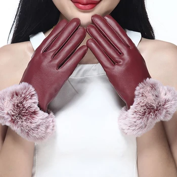 

Fashion 2019 Winter Women Plus Velvet Leather Gloves Hot Sale Thickening Touch-screen Imitation Rabbit Wool Warm Leather Gloves