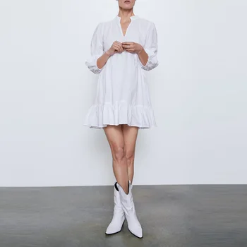 

Casual Spring Cotton Ruffles Dress Women V neck Above Knee Loose Street wear Volie Dress Preppy Style Dress XB603