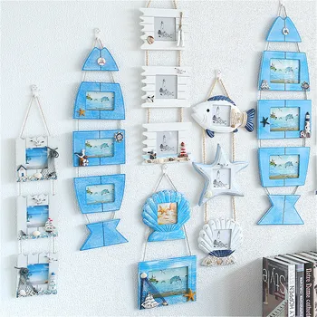 

Creative Mediterranean Wood Photo Frame Three-Link Decor Combination Photos Frames Starfish Shell Crafts Decoration Accessories