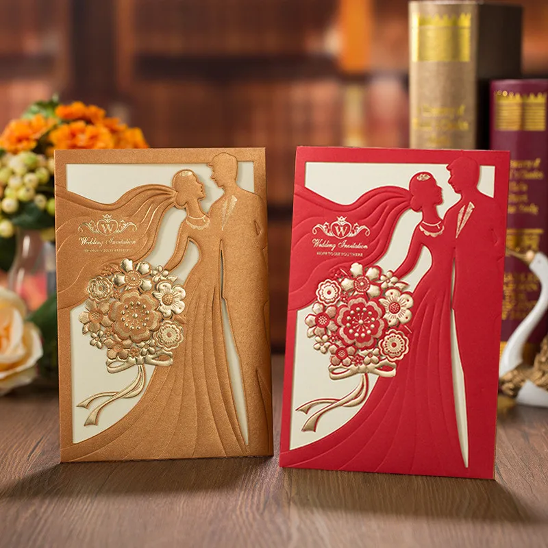 

50pcs Gold Red Wedding Invitations Card Bride and Groom Elegant Greeting Card Customize Envelopes for Wedding Party Decorations