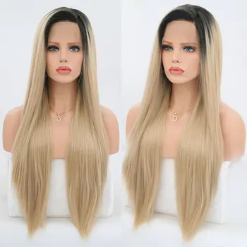 

Dark Roots Ombre Light Brown Straight Synthetic Lace Front Wig Heat Resistant Fiber Natural Hairline Side Parting For Women Wigs