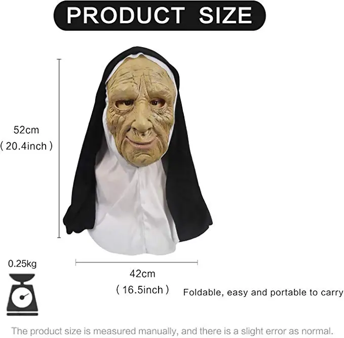 Molezu The Nun Mask with Veil Halloween Latex Costume Props Old Woman Face Mask with Headscarf