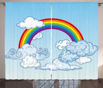 

Rainbow Window Curtains Fluffy Clouds with Rainbow Sky Playroom Childish Babyshower Dreamy Cartoon Living Room Bedroom Decor