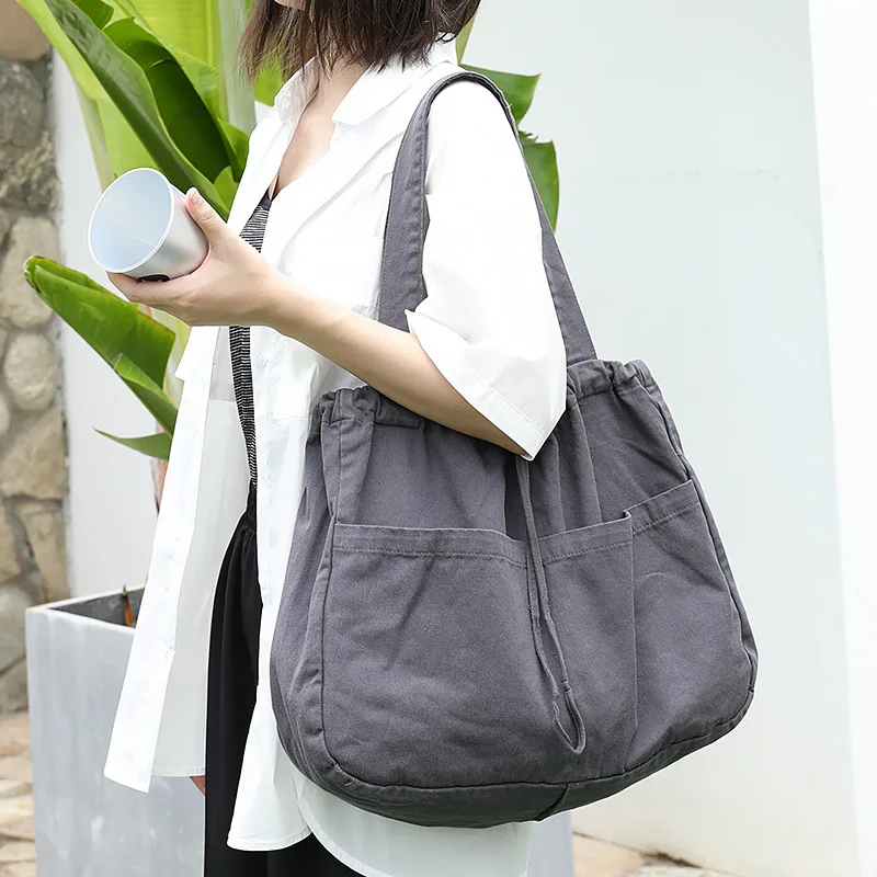 

Retro Washed Canvas Shoulder Bag Large Capacity Casual Drawstring Handbag Fashion Solid Color