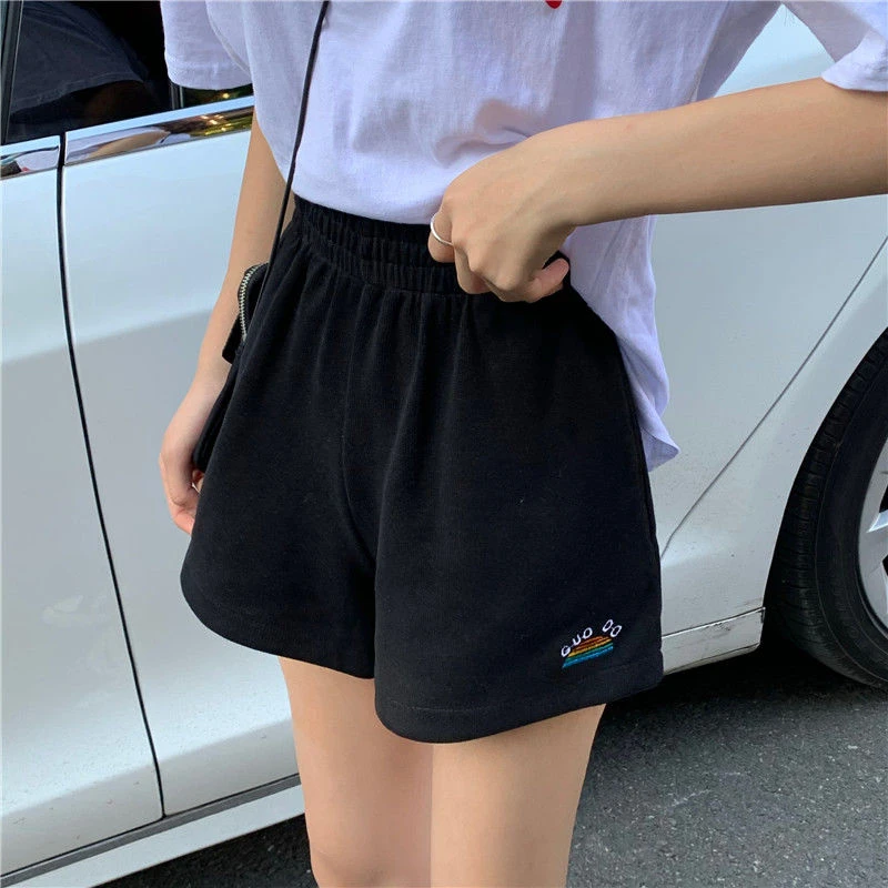 women's swim shorts Korea Ulzzang high waist loose kawaii shorts rainbow embroidery shorts casual fashion punk summer ins new hip-hop women shorts ladies clothes