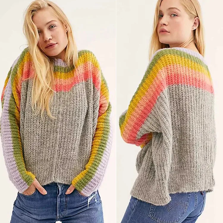Sweater Women's New Autumn And Winter Retro Striped Stitching Loose Pullover Sweater Sweater Sweater Women's New Autumn And Winter Retro Striped Stitching Loose Pullover Sweater Sweater