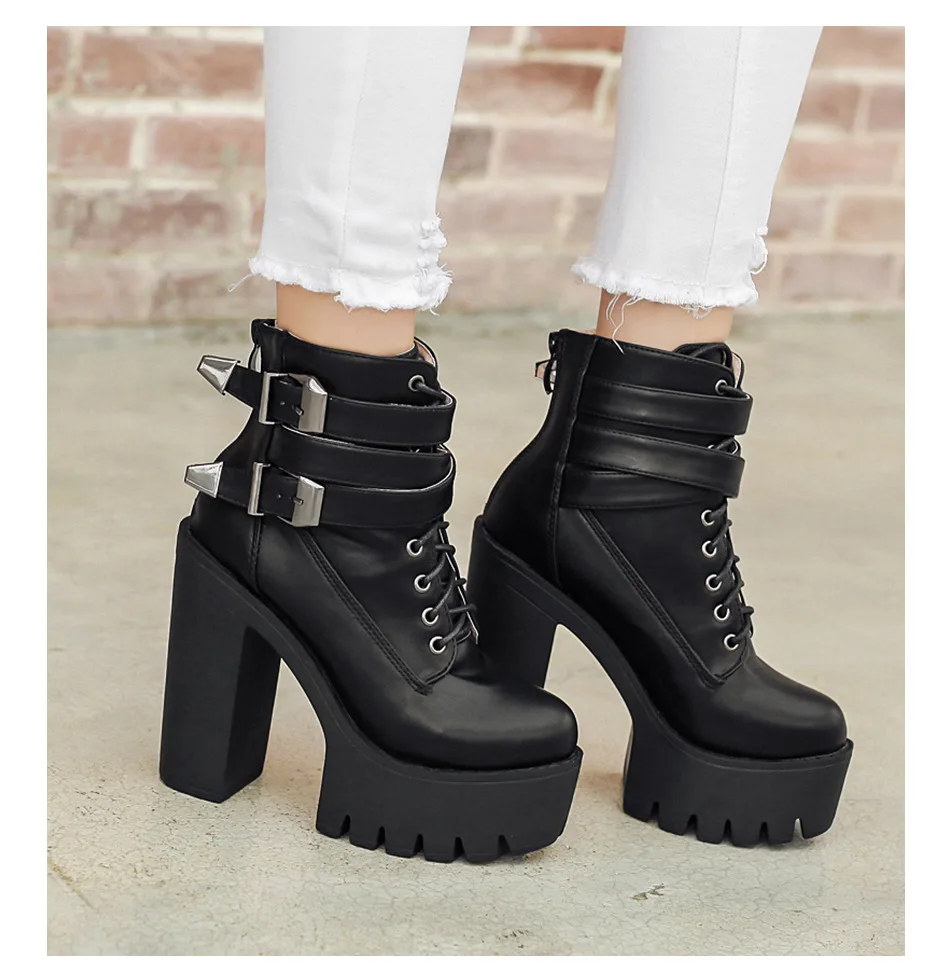 exy Metal sheets Black Ankle Boots Women Platform Soft Leather Autumn Winter Ladies Boots With Zipper Classic High Heels Shoes