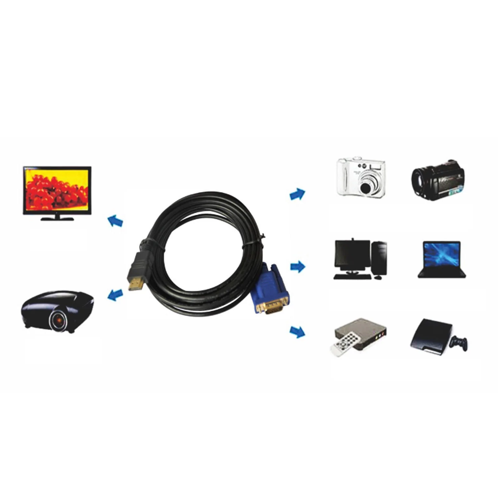 1.5m HDMI to VGA Cable HD-15 D-SUB Video Adapter HDMI Cables for PC HDTV Monitor Suits resolutions such as 720p, 1080i, 1080p